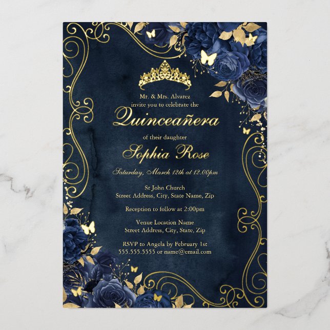 Invitation En Aluminium Floral Swirl Gold Navy Butterfly Quinceanera (Recto)