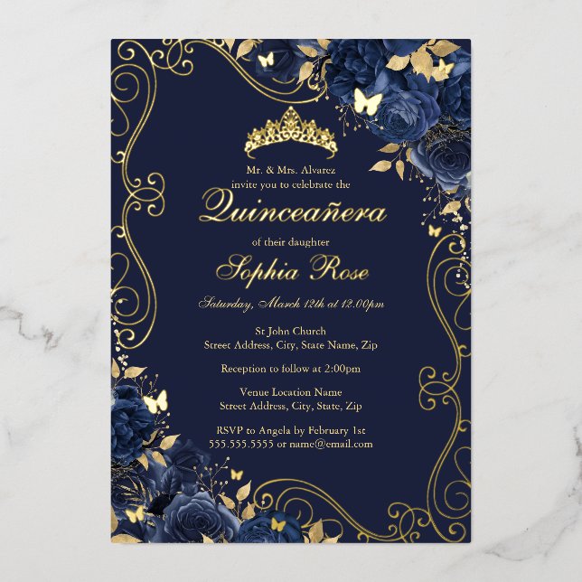 Invitation En Aluminium Floral Swirl Navy Gold Butterfly Quinceanera (Recto)