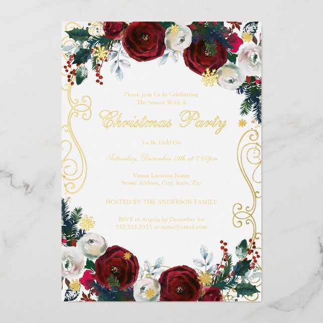 Invitation En Aluminium Floral Swirl Red Gold Christmas Party (Recto)