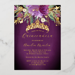 Invitation En Aluminium Floral violet or Améthyste Quinceanera