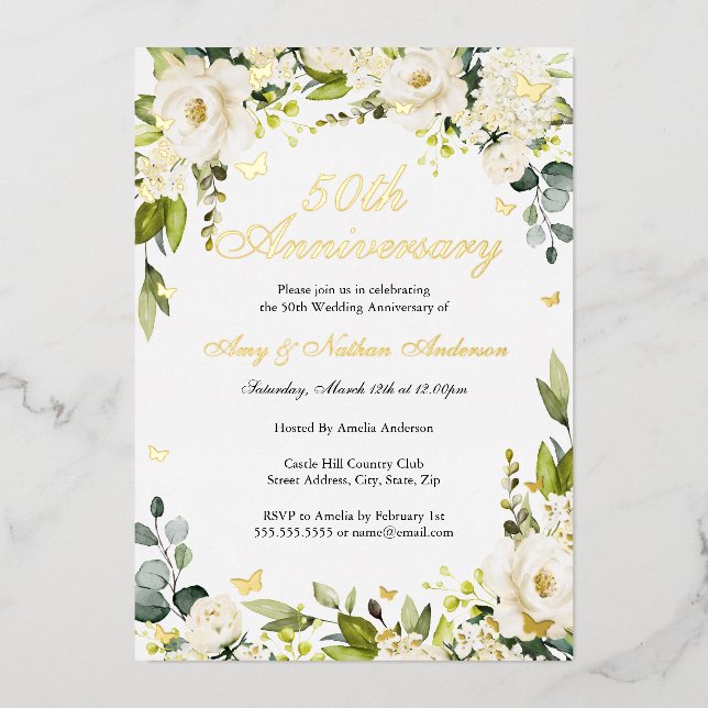 Invitation En Aluminium Florales de papillon d'or 50e anniversaire de Mari (Recto)