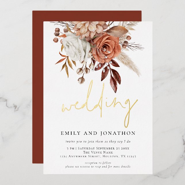 Invitation En Aluminium Florales en terre cuite rustique Mariage de script (Recto/Verso)