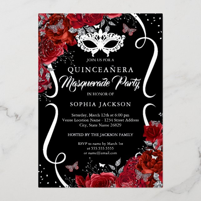 Invitation En Aluminium Flore Argent Rouge Défilé Masquerade Quinceanera (Recto)