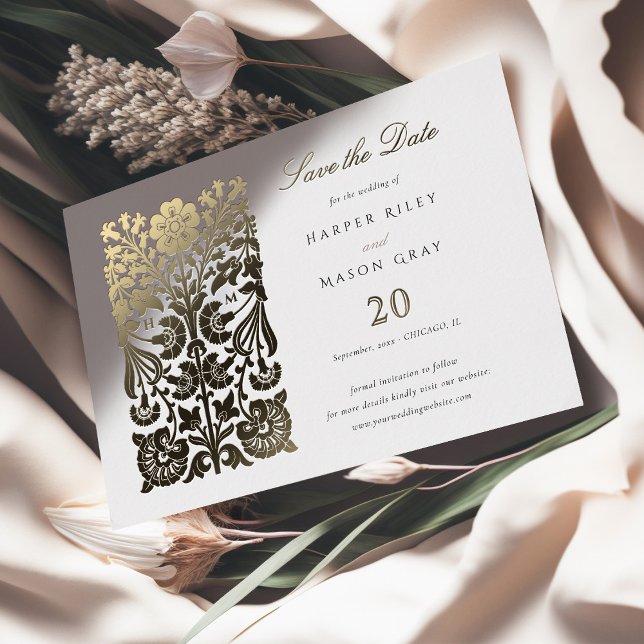 Invitation En Aluminium Flore classique beige et ivoire Enregistrer la dat (Créateur téléchargé)