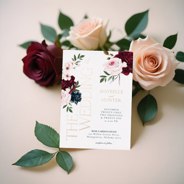 Invitation En Aluminium Flore d'aquarelle classique en Bourgogne et marine (Classy Bold Burgundy & Navy Watercolor Florals Foil Invitation)