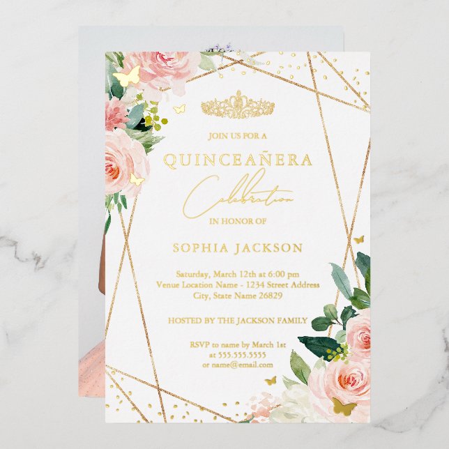 Invitation En Aluminium Flore d'or bleu géométrique Quinceanera (Recto/Verso)