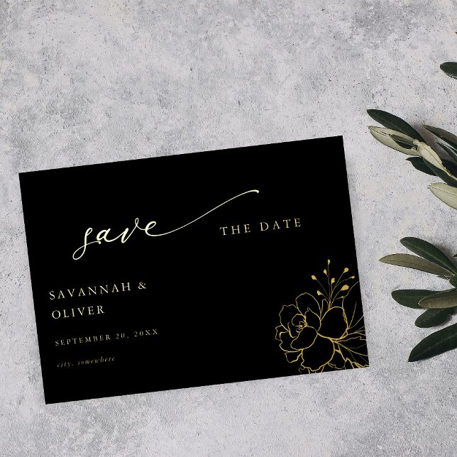 Invitation En Aluminium Flore dorée Enregistrer la date - Noir (Créateur téléchargé)