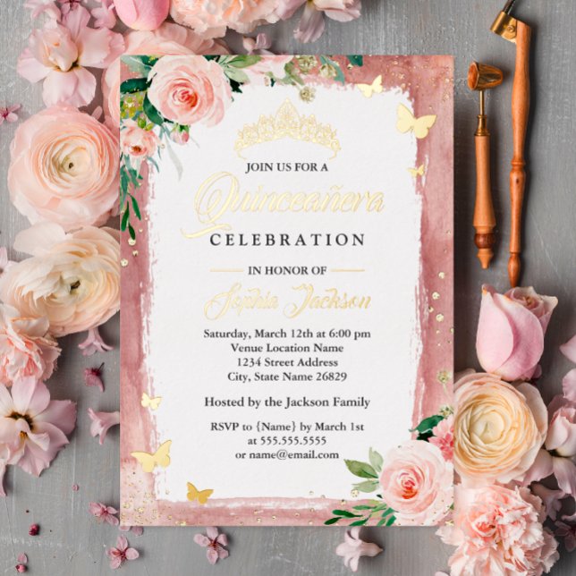 Invitation En Aluminium Flore étincelante Tiara Blush Or Rose Quinceanera (Créateur téléchargé)