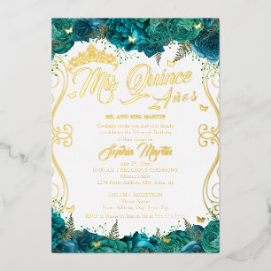 Invitation En Aluminium Flore Gold Turquoise Scroll Mis Quince Quinceanera
