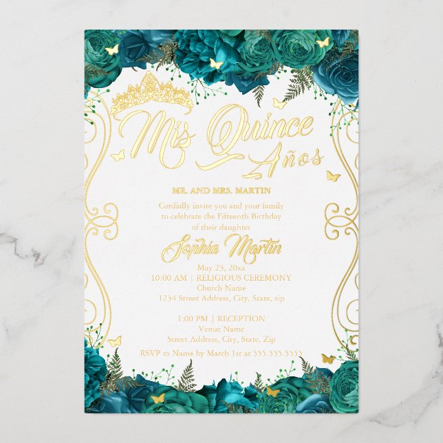 Invitation En Aluminium Flore Gold Turquoise Scroll Mis Quince Quinceanera (Recto)