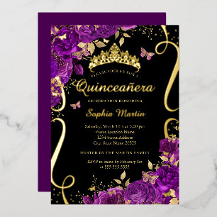 Invitation En Aluminium Flore Papillon Défilé Violet noir Quinceanera