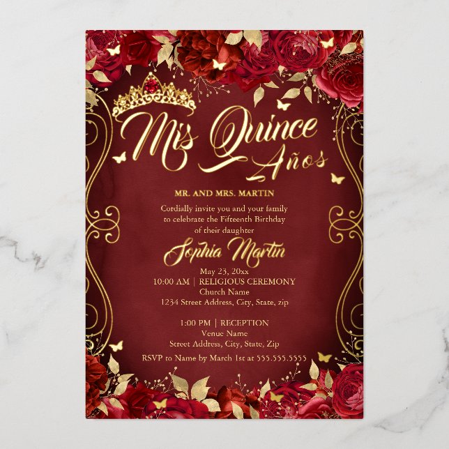 Invitation En Aluminium Flore Parchemin Jardin Rouge Mis Quince Quinceaner (Recto)