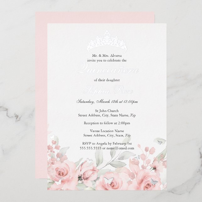 Invitation En Aluminium Flore rose vif Tiara Quinceanera (Recto/Verso)