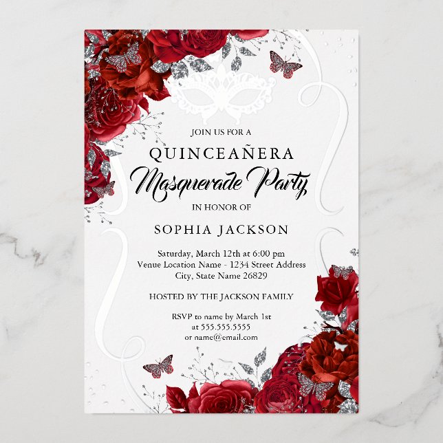 Invitation En Aluminium Flore rouge Argent Scroll Masquerade Quinceanera (Recto)