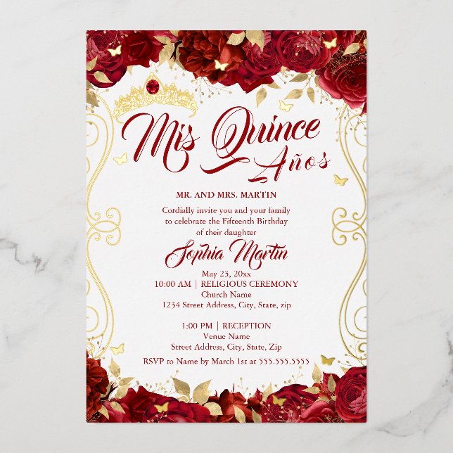 Invitation En Aluminium Flore Rouge Jardin Défilé Mis Quince Quinceanera (Recto)
