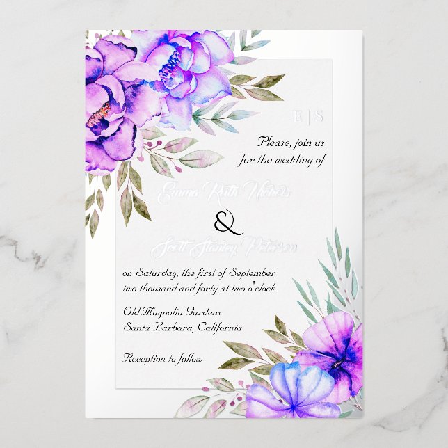 Invitation En Aluminium Flores d'aquarelle violette mariage argent (Recto)