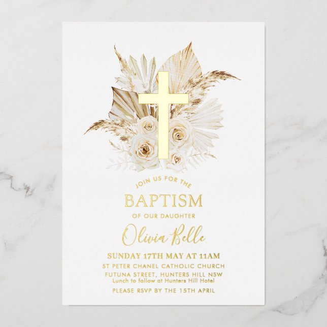Invitation En Aluminium Foil Boho séché Palm Floral Baptême Christening (Recto)