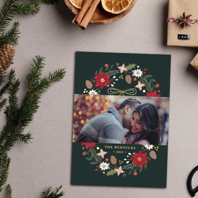 Invitation En Aluminium Foil Christmas Wreath Floral Holiday Photo Card (Créateur téléchargé)
