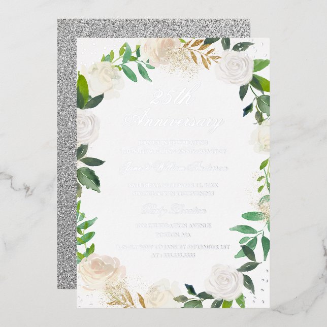 Invitation En Aluminium FOIL d'argent FOIL couronne florale 25e anniversai (Recto/Verso)