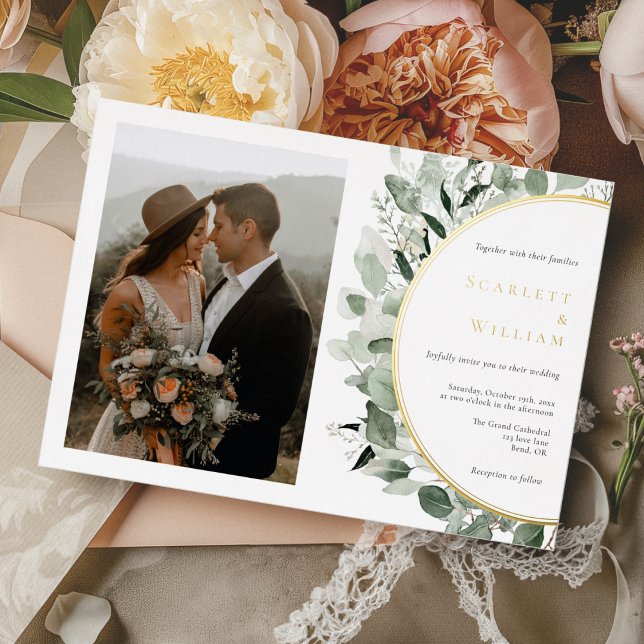 Invitation En Aluminium FOIL Eucalyptus Gold Mariage photo horizontal (Créateur téléchargé)