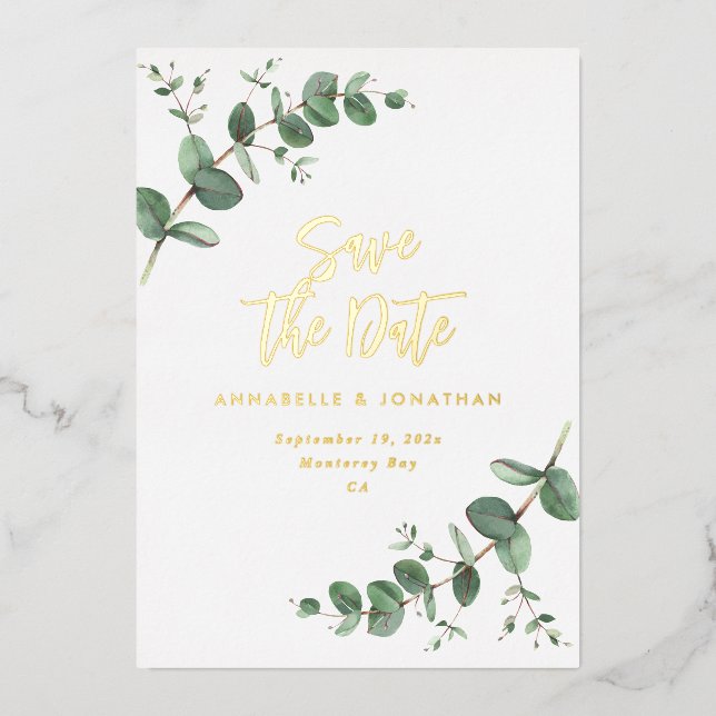 Invitation En Aluminium foil Eucalyptus mariage moderne enregistrer la dat (Recto)
