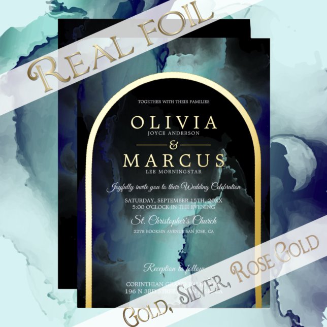 Invitation En Aluminium Foil Jade and Navy Blue Modern Fluid Enk (Créateur téléchargé)