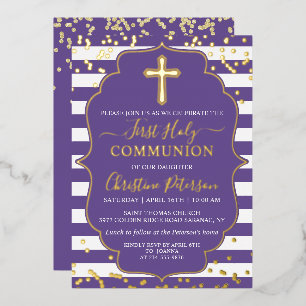 Invitation En Aluminium Foil Lavande d'or Purple Stripes première communio
