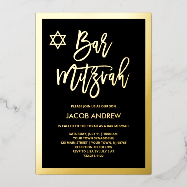 Invitation En Aluminium Foil or moderne et Barre noire Mitzvah (Recto)