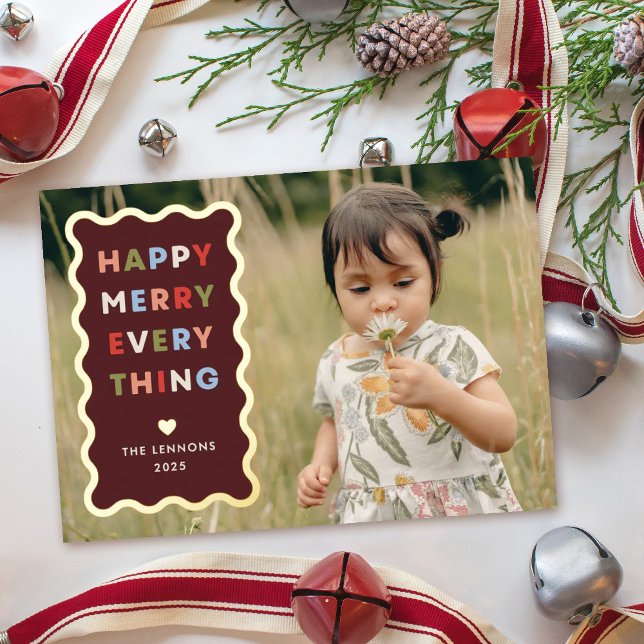 Invitation En Aluminium Foil Red Happy Merry Wavy Christmas Photo Card (Créateur téléchargé)