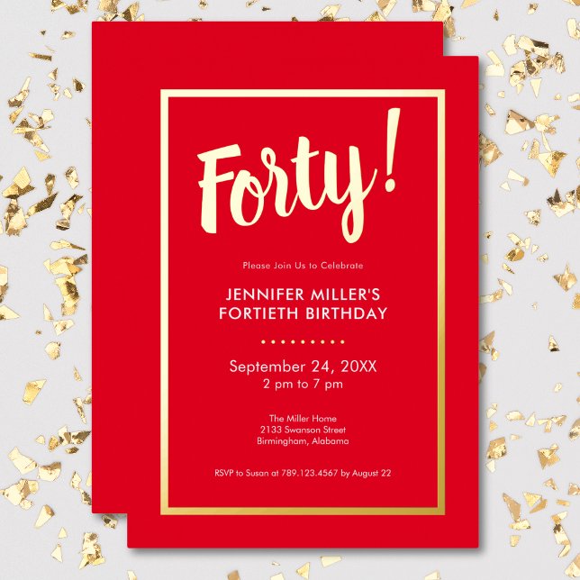 Invitation En Aluminium Foil rouge et or moderne 40e anniversaire (Modern Red & Gold Foil 40th Birthday Foil Invitation)