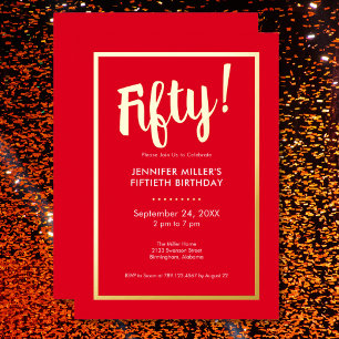 Invitation En Aluminium Foil rouge et or moderne 50e anniversaire
