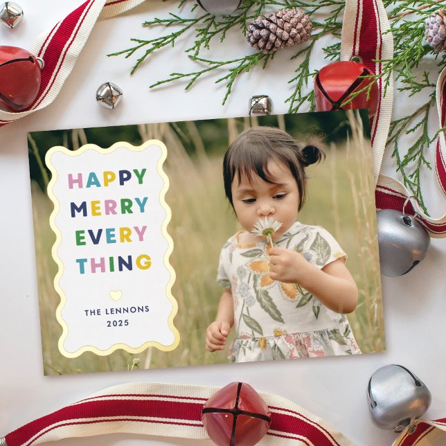 Invitation En Aluminium Foil White Happy Merry Wavy Christmas Photo Card (Créateur téléchargé)