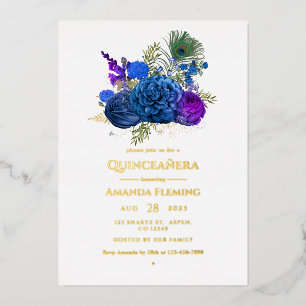 Invitation En Aluminium Fois de Quinceañera vintage bleu marine et or Paon