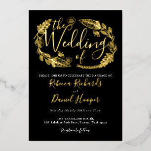 Invitation En Aluminium Foliage Chic Script Mariage Noir Et Or Foil In