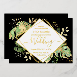 Invitation En Aluminium Foliage Tropical Noir & Or Mariage géométrique