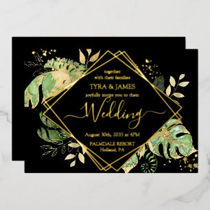 Invitation En Aluminium Foliage Tropical Noir & Or Mariage géométrique