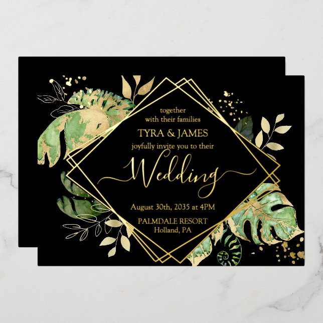 Invitation En Aluminium Foliage Tropical Noir & Or Mariage géométrique (Recto/Verso)
