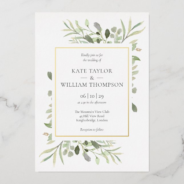 Invitation En Aluminium Foliage verdoyant Photo Mariage Elegant Gold (Recto)