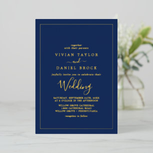 Invitation En Aluminium Fond d'or minimaliste Mariage bleu marine
