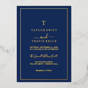 Invitation En Aluminium Fond d'or minimaliste   Mariage de monogramme bleu