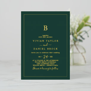 Invitation En Aluminium Fond d'or minimaliste   Mariage Emerald Monogram