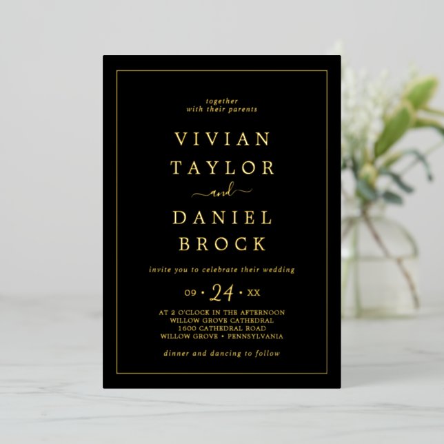 Invitation En Aluminium Fond d'or minimaliste | Mariage Noms en gras noirs (Debout devant)