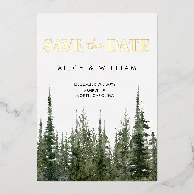 Invitation En Aluminium Forêt D'Aquarelles Pins Rustiques Économisez La Da (Recto)
