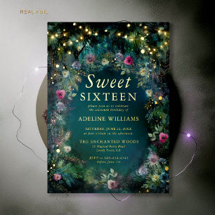 Invitation En Aluminium Forêt Enchantée Roses or Twinkle Light Sweet 16