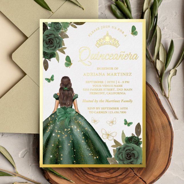 Invitation En Aluminium Forêt Vert Floral Papillon Quinceanera Or (Créateur téléchargé)
