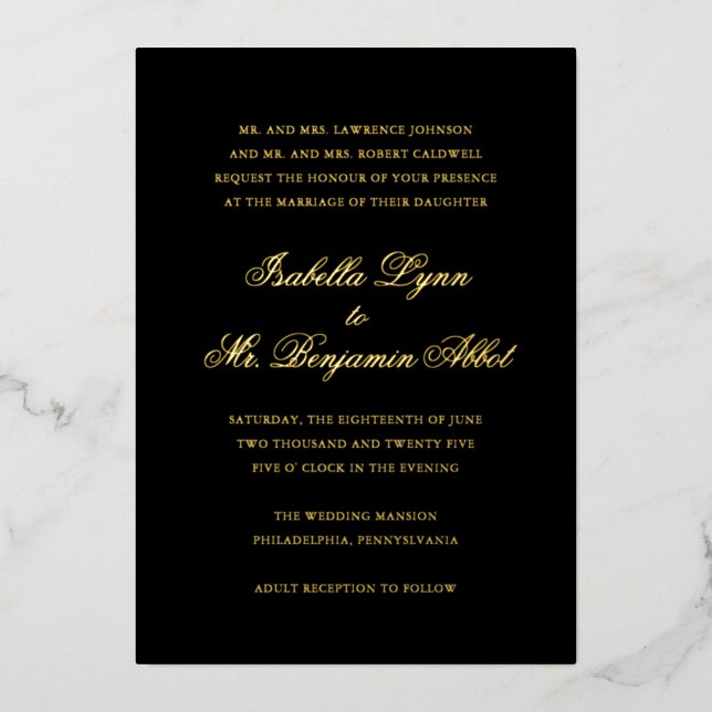 Invitation En Aluminium Formal Elegant Noir traditionnel Mariage Or (Recto)