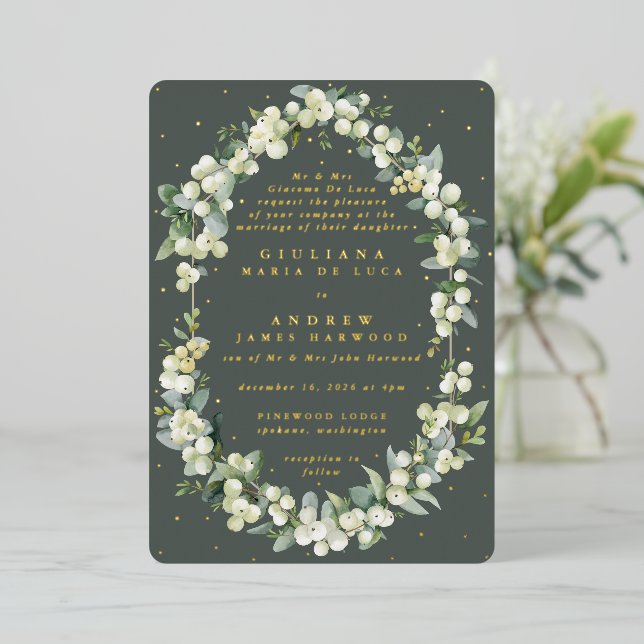 Invitation En Aluminium Formel Elegant Green Snowberry+Eucalyptus Mariage (Debout devant)