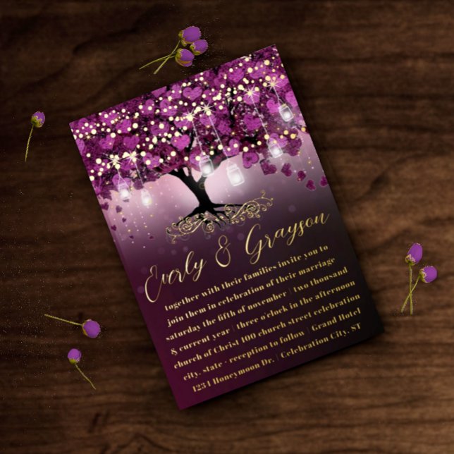 Invitation En Aluminium Framboise pourpre Mariage d'or feuille de coeur de (Créateur téléchargé)