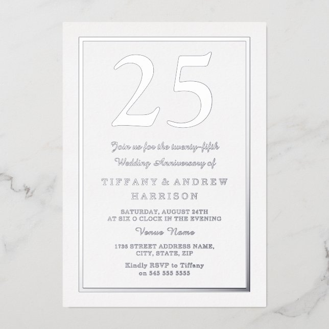 Invitation En Aluminium Frontière Argent 25e anniversaire Mariage Argent (Recto)