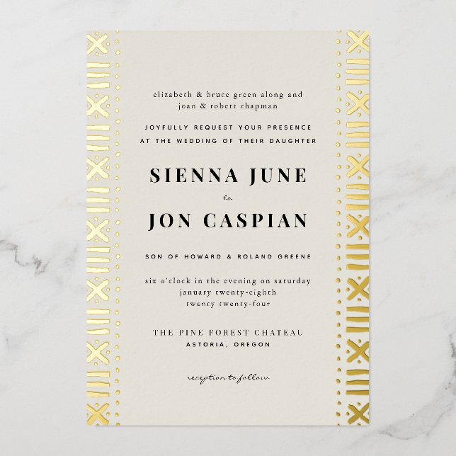 Invitation En Aluminium Frontière Ecru Boho Mudcloth (Recto)